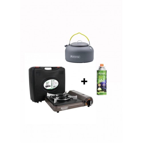 Orcamp Tekli Portatif Ocak Gaz Stop Emniyetli Gri + Orcamp Kamp Çaydanlığı +  1 Adet 227 gram Gaz Kartuşu