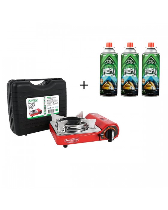 Orcamp Tekli Mini Kırmızı Portatif Ocak  + 3 Adet Ol Outdoor 227 Gr Gaz Kartuşu