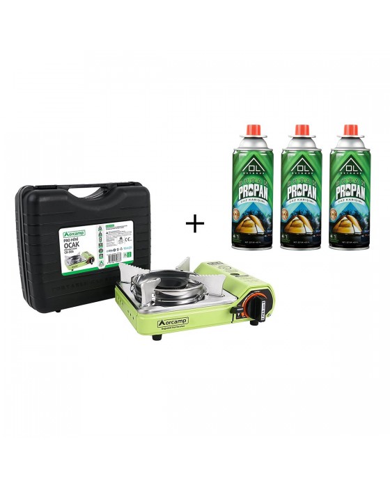 Orcamp Tekli Mini Yeşil Portatif Ocak + 3 Adet Ol Outdoor 227 Gr Gaz Kartuşu