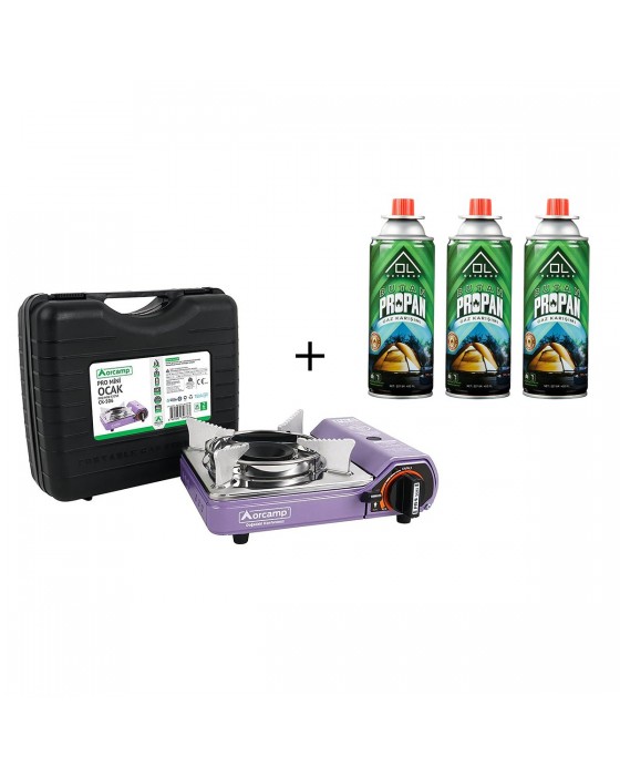 Orcamp Tekli Mini Mor Portatif Ocak + 3 Adet Ol Outdoor 227 Gr Gaz Kartuşu
