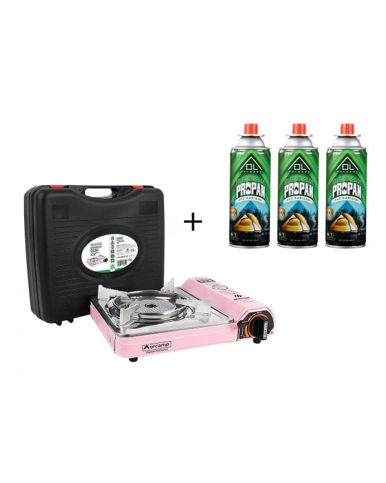 Orcamp Pro Seramik Portatif Ocak (Pembe) + 3 Adet Ol Outdoor 227 Gr Gaz Kartuşu