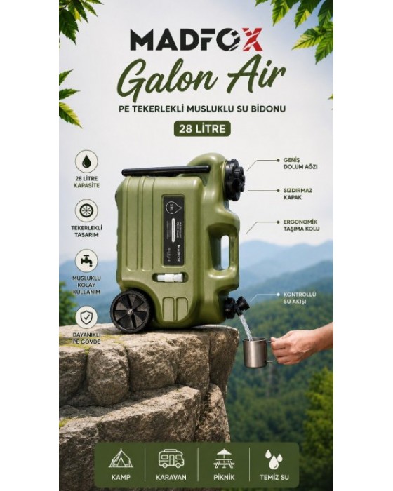 Madfox Galon Air Pe Tekerlekli Musluklu Su Bidonu 28 Litre Green